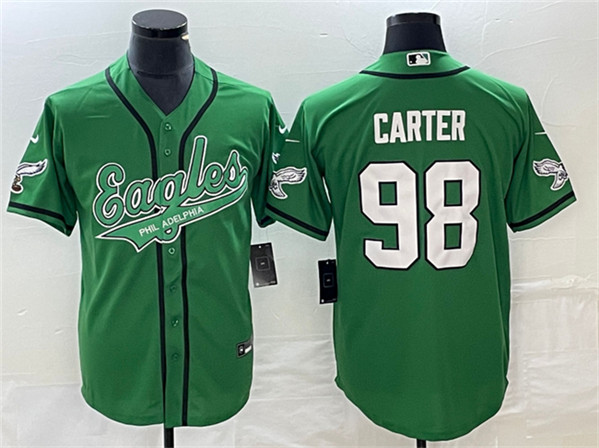 Men's Philadelphia Eagles #98 Jalen Carter Green Cool Base Stitched Baseball Jersey
